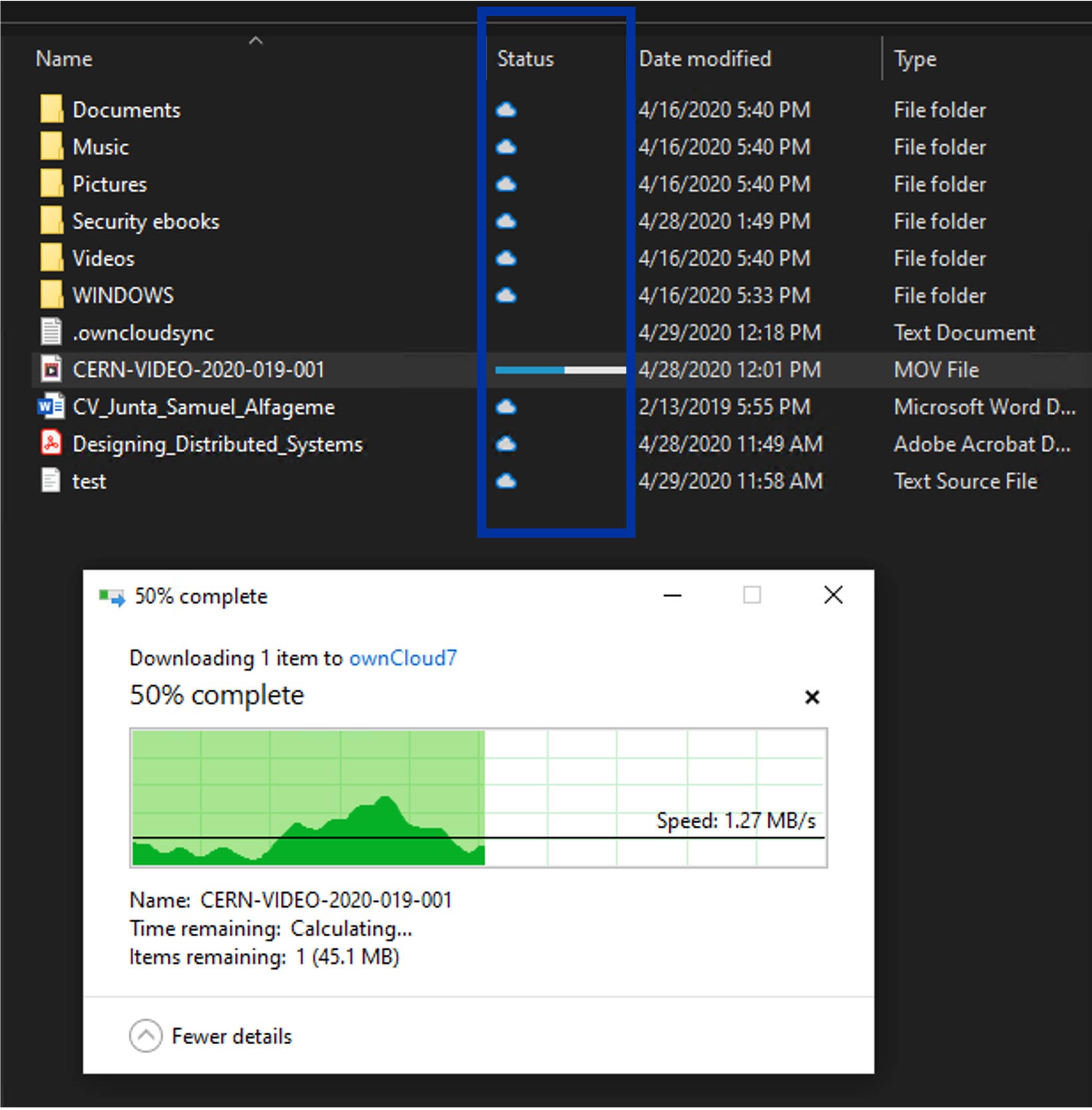Screenshot highlighting the new column on the Windows Explorer to display the status of virtual files and a dialogue with the progress of an instant download