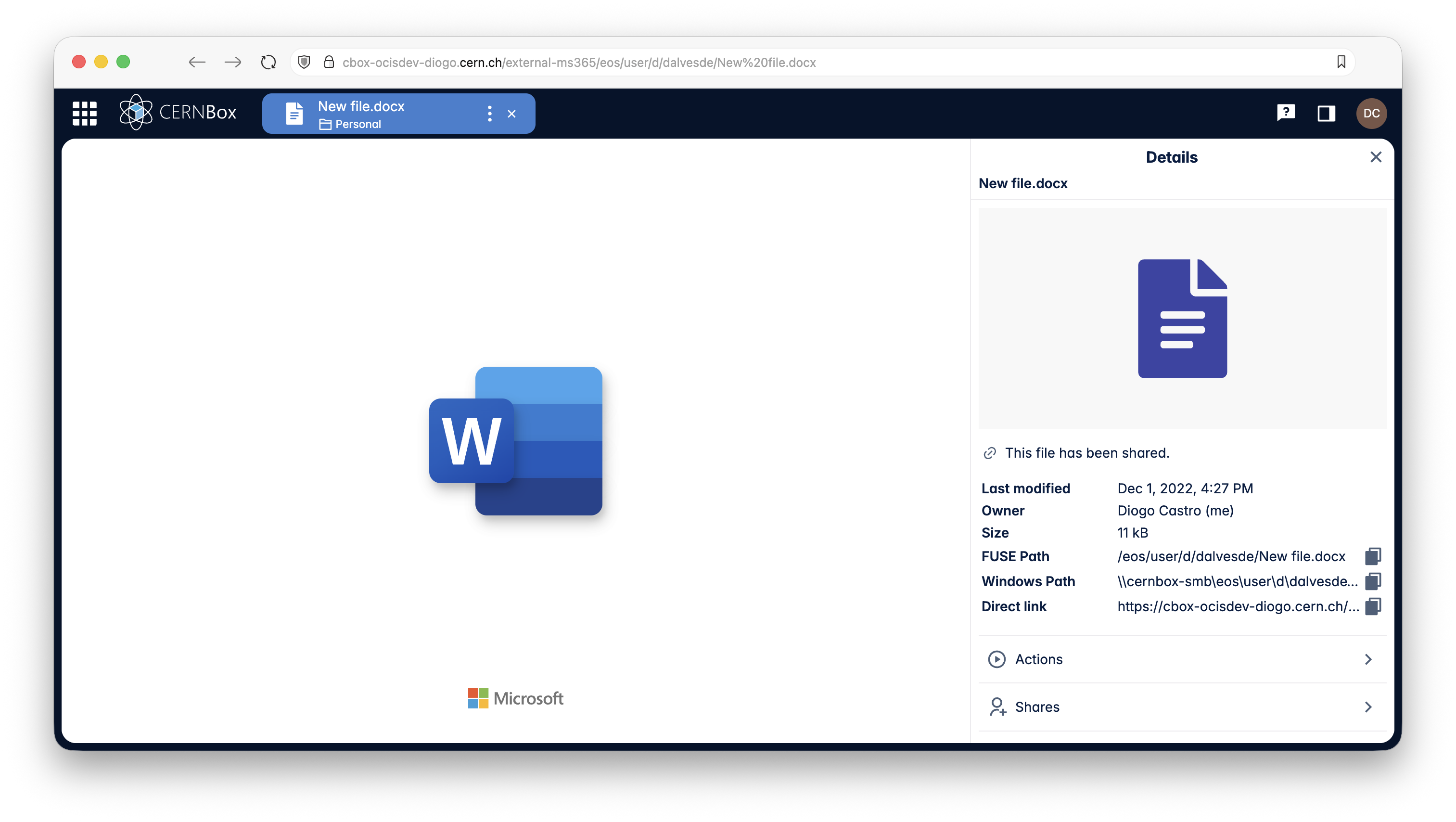 Example document opened in MS Office 365