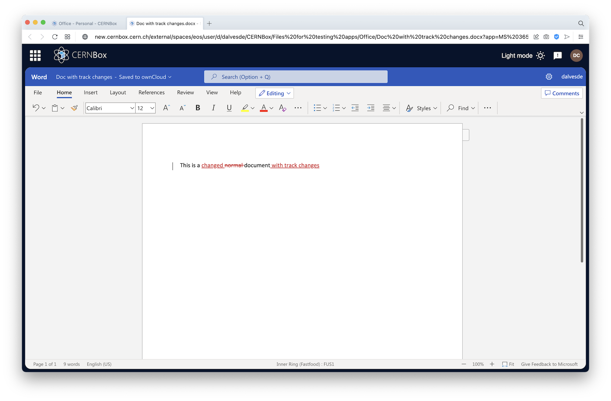Example document opened in MS Office 365